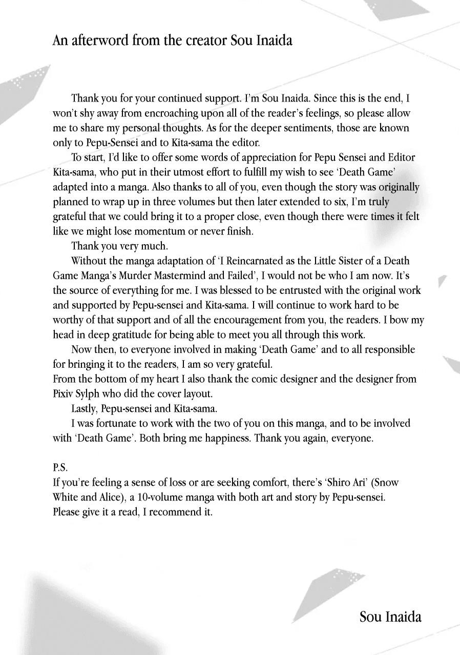 I Reincarnated as the Little Sister of a Death Game Manga’s Murder Mastermind and Failed Chapter 25.5 - Page 44